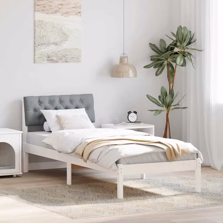 Struttura del letto moderna vidaXL in legno di pino e tessuto, Bianco e Grigio, 80 x 200 cm