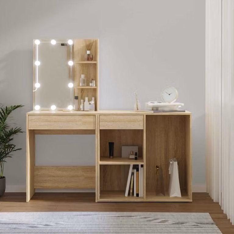 vidaXL Toeletta Hollywood LED con Armadietto in Legno MDF Rovere Sonoma, Marrone, L: 140 cm, P: 40 cm, H: 60 cm
