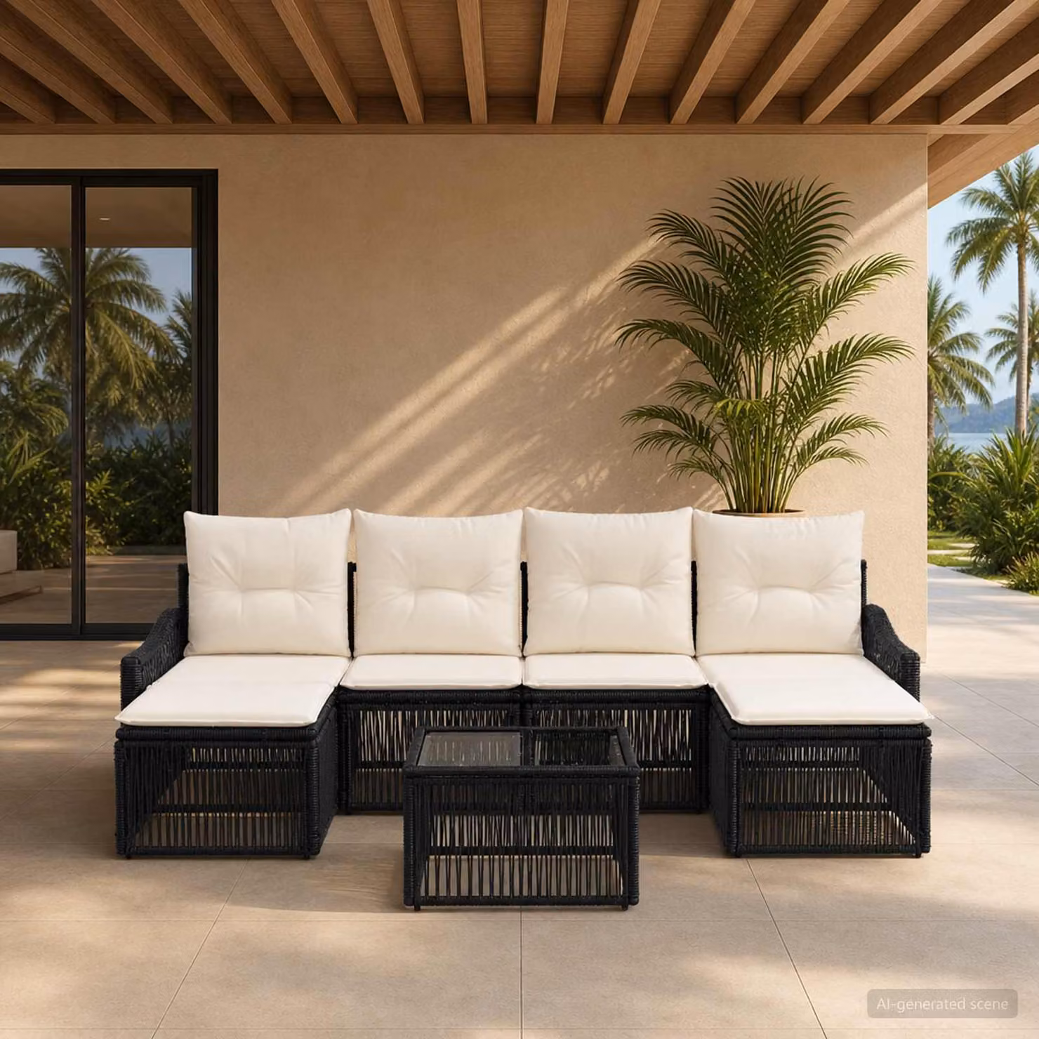 Set Divano da Giardino vidaXL 7 pz Nero con Polyrattan e Cuscini, Design Moderno a L con Tavolino e Ottoman