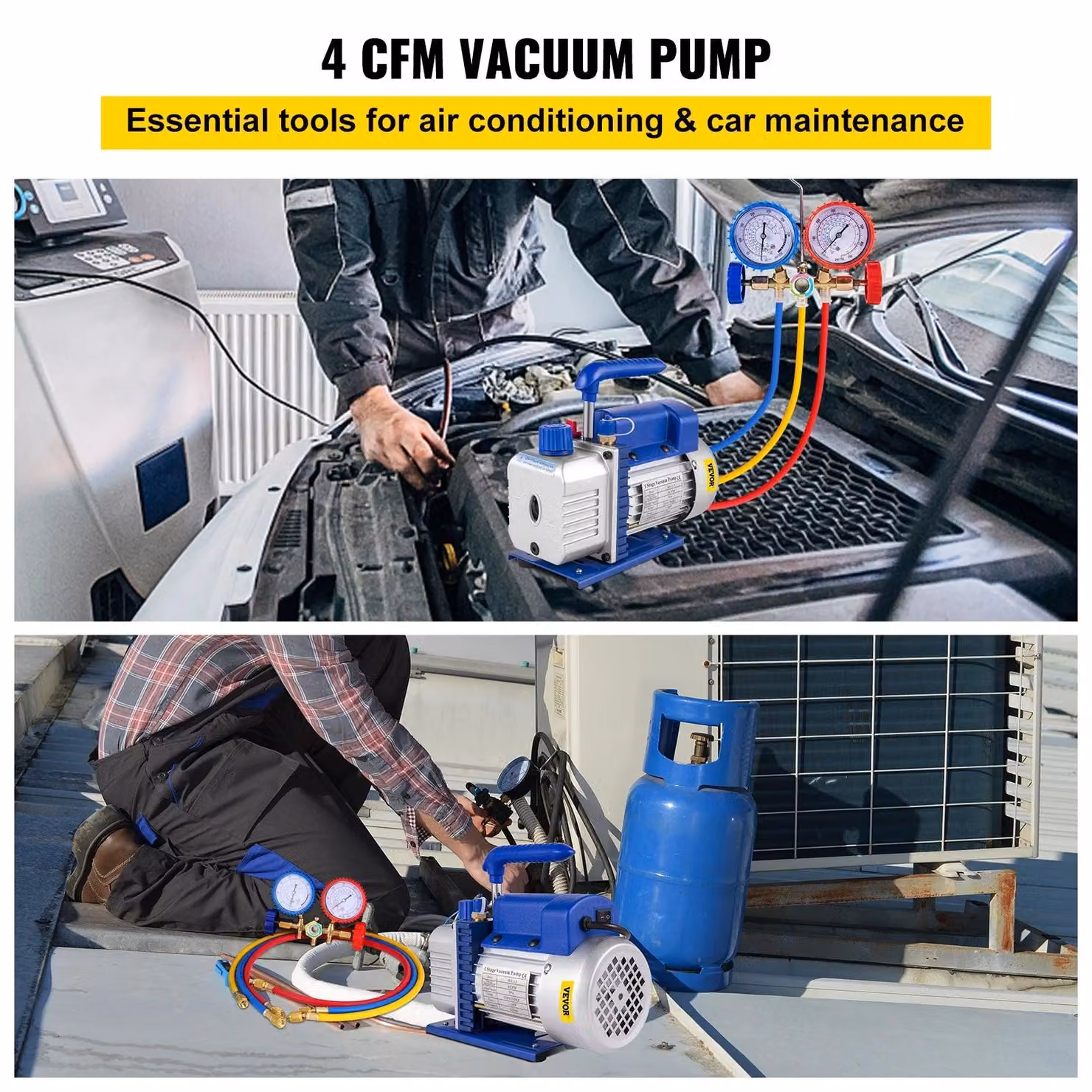 Pompa a vuoto - Pompa per refrigerante - Attrezzo per la refrigerazione - Sistema di refrigerazione HVAC - Pompa asciugatrice da 4 CFM, 1/3 HP - con manometro - Blu
