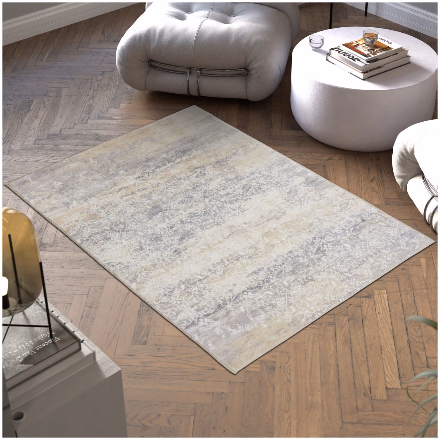 Tappeto vintage moderno tectake beige in poliestere, lavabile e antiscivolo, L: 120 cm x P: 170 cm – 1