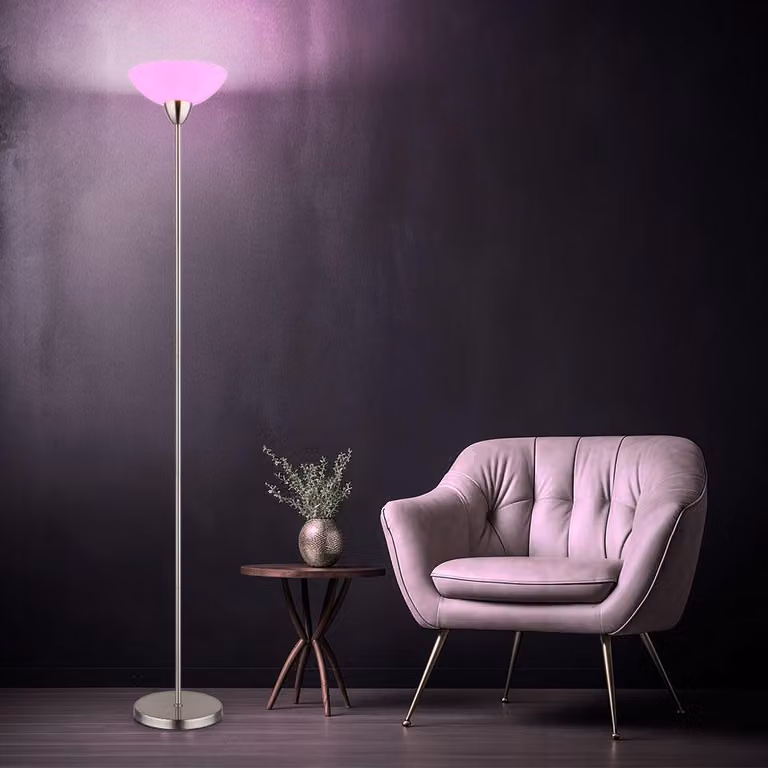 Lampada da terra a LED RGB, paralume in vetro opale, finitura nickel opaco, altezza 180 cm