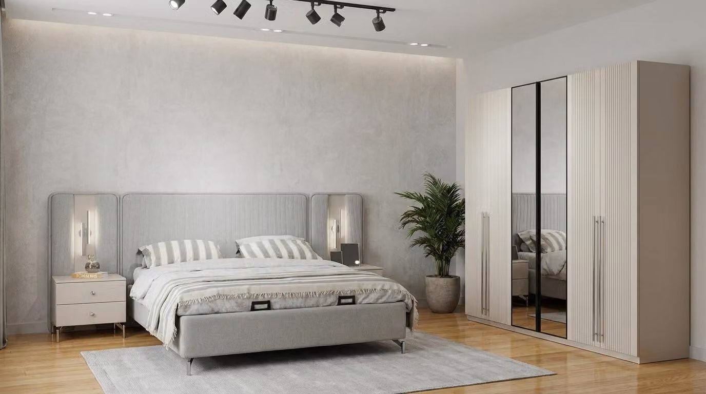 Tavolini notti, armadio, camera da letto, design moderno, colore grigio, confortevole