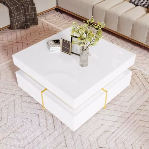 Tavolino Sweiko Tavolino, tavolino da salotto lucido, tavolino con 2 cassetti e accenti dorati, con vano portaoggetti, 70x35,5x70 cm