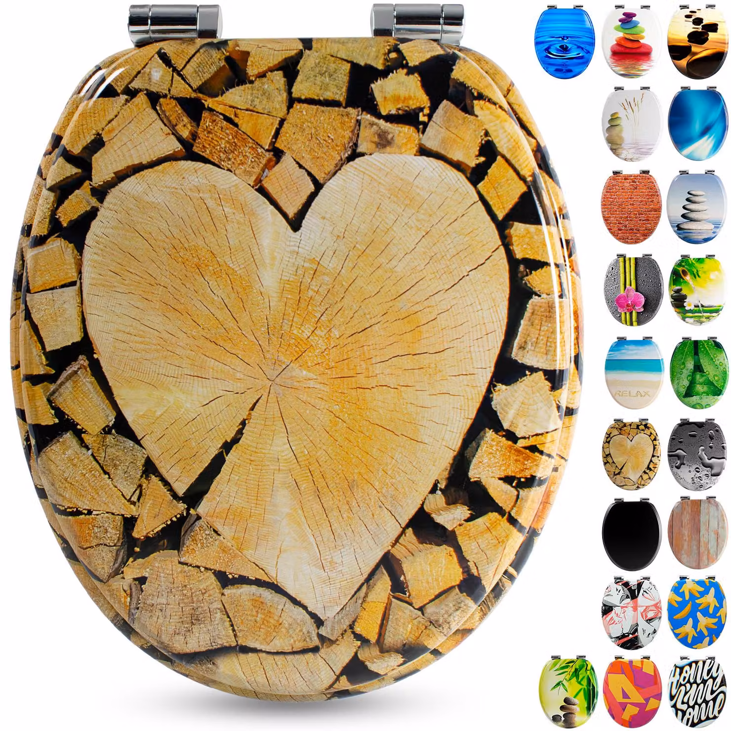 Sanfino® Premium: Sedile per WC "Wood Heart", copriwater di alta qualità in legno con sistema di chiusura rallentata, facile da installare