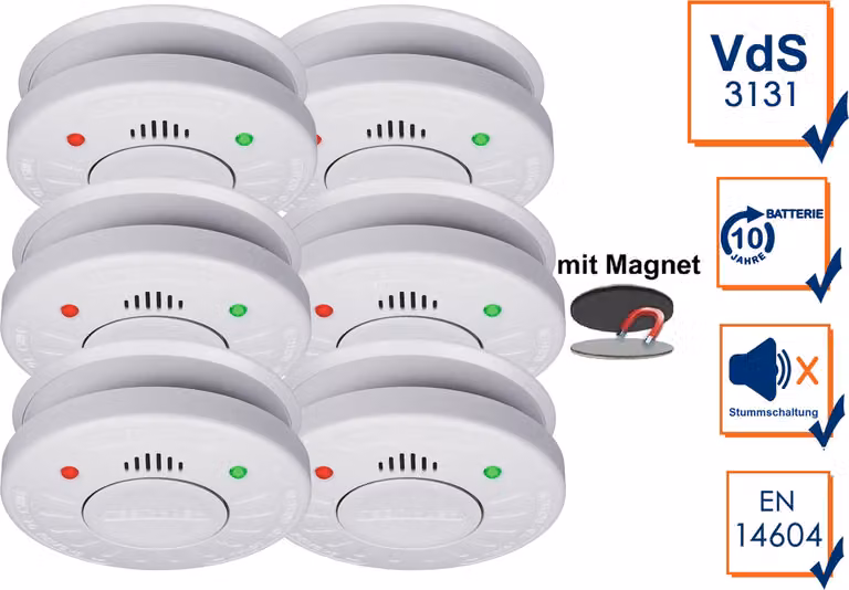 Set da 6 rilevatori di fumo con batteria da 10 anni, marchio di qualità Q + fissaggio magnetico