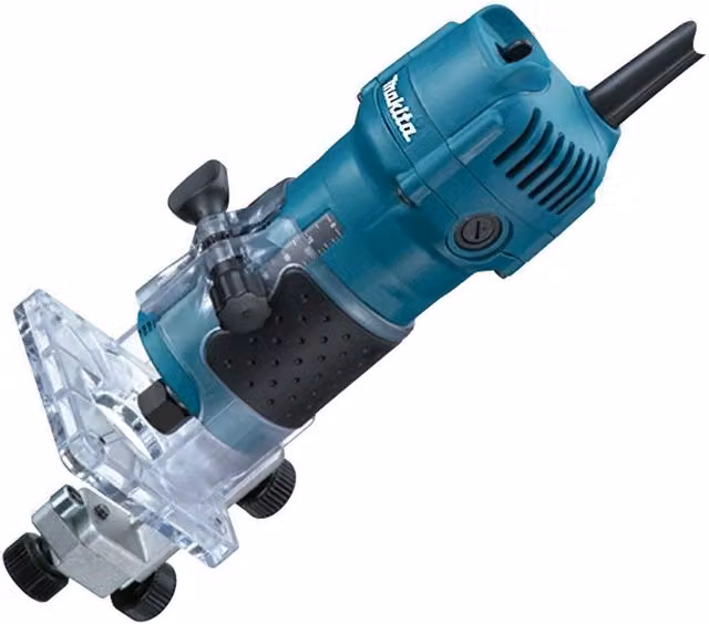 Makita 3709 Rifilatore Fresatrice a Immersione con Base Fissa da 530W e 30000rpm, Diametro 6mm, Blu e Trasparente