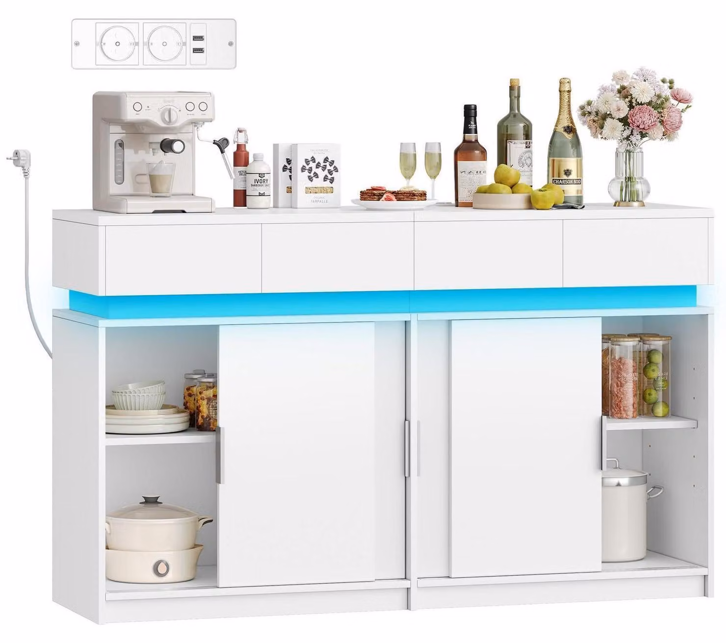 Mobile contenitore con 4 cassetti e 4 ante scorrevoli, dotato di presa di corrente e illuminazione a LED, ripiano regolabile, dimensioni 140 x 40 x 85 cm, colore bianco