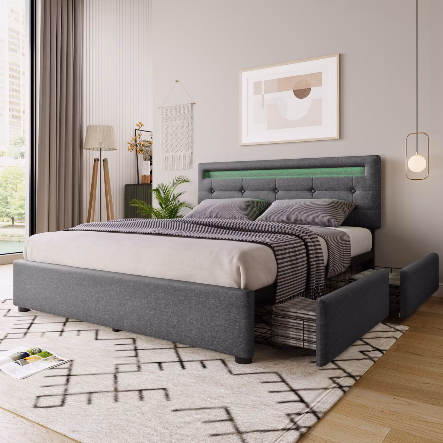 Letto imbottito Struttura del letto con illuminazione a LED e 4 cassetti Testata regolabile in altezza Struttura a doghe in legno massiccio Letto matrimoniale 140x200cm Lino grigio (senza materasso)
