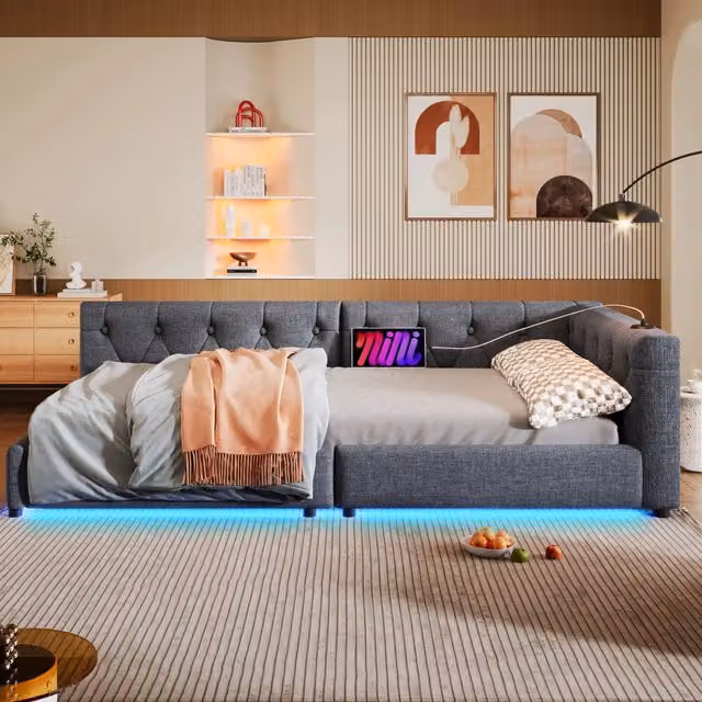 Letto singolo daybed 90 × 200 cm con rete a doghe in lino e MDF grigio porte USB e Type-C luce LED a 7 colori