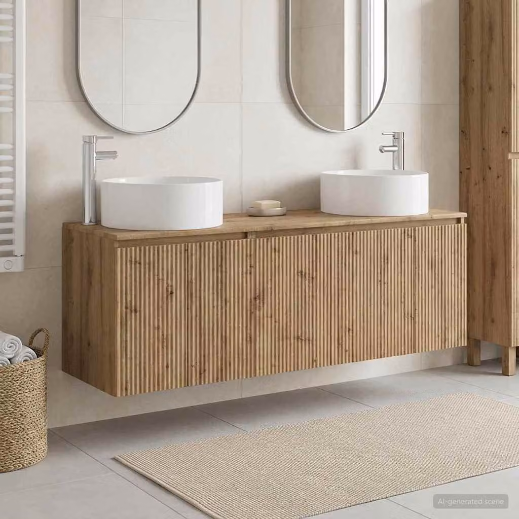 Set di 3 mobili da bagno moderni vidaXL in legno rovere marrone con vanità e pensili a muro