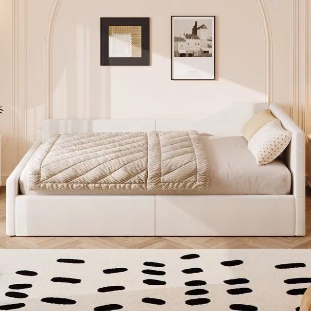 Divano letto imbottito REDOM beige con vano contenitore L: 140 cm, P: 200 cm