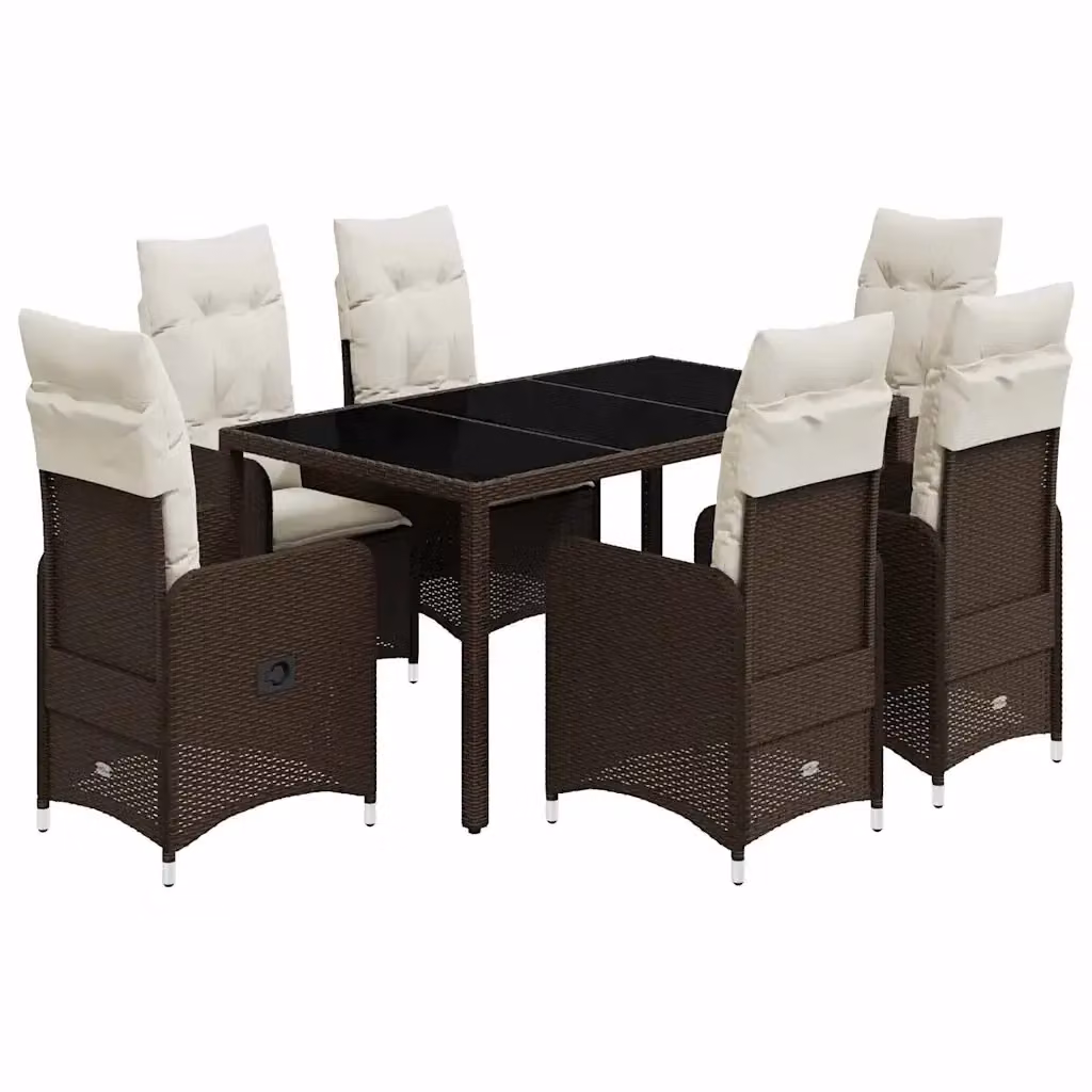 vidaXL Set Bistrò da Giardino 7 pz in Polyrattan e Metallo con Cuscini e Piano in Vetro Marrone – 2