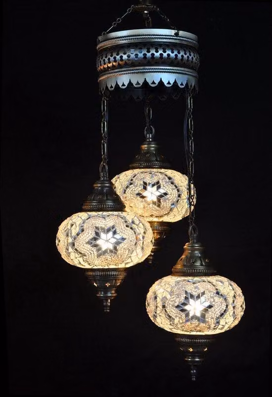 Lampada a sospensione turca - Lampada a mosaico - Lampada marocchina - Autentico lavoro artigianale - 3 sfere di vetro colorate - Altezza 80 cm