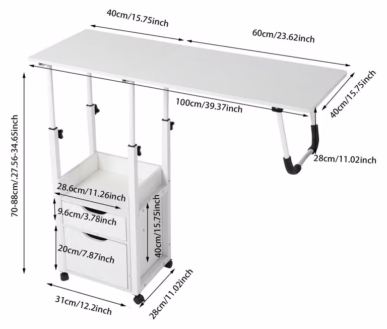Tavolino da notte regolabile - Tavolino portatile per laptop - Regolabile in altezza - Con ruote - Con cassetti - Piano del tavolo pieghevole - Bianco