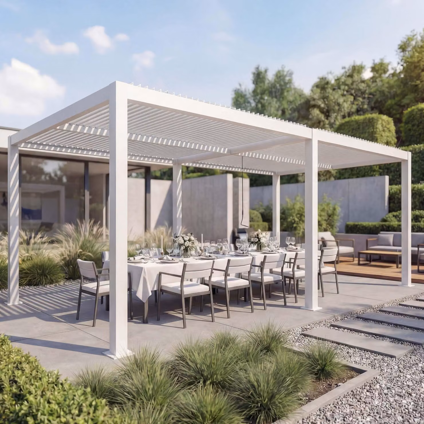Pergola MCW-L46, gazebo da giardino con lamelle, struttura in alluminio da 11 cm, grondaia resistente alle intemperie, 3x6 m ~ bianco