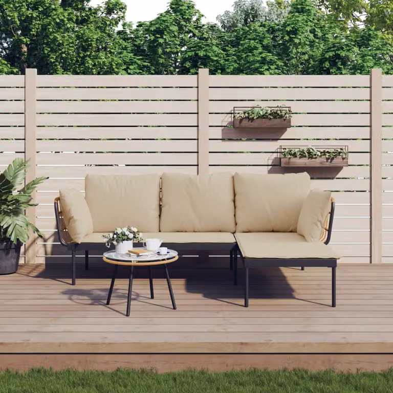 Set Salotto da Giardino vidaXL a Forma di L con Cuscini Beige e Tavolino, Struttura in Metallo Antracite e Polyrattan