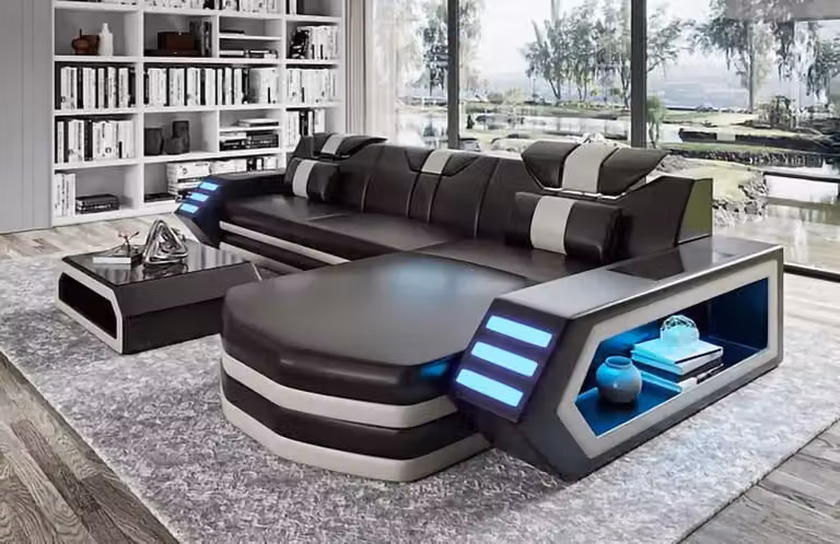 Design Ecksofa Wohnzimmer Möbel Eckcouch Lederpolster Couch Sofa L-Form + Tisch