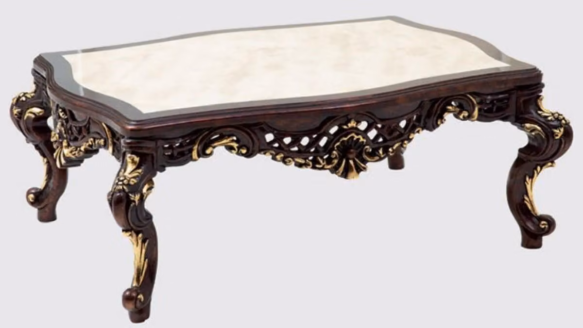 Casa Padrino tavolino barocco marrone scuro / crema / oro 130 x 95 x h. 51 cm - Magnifico tavolo da salotto in legno massiccio in stile barocco - Mobili barocchi