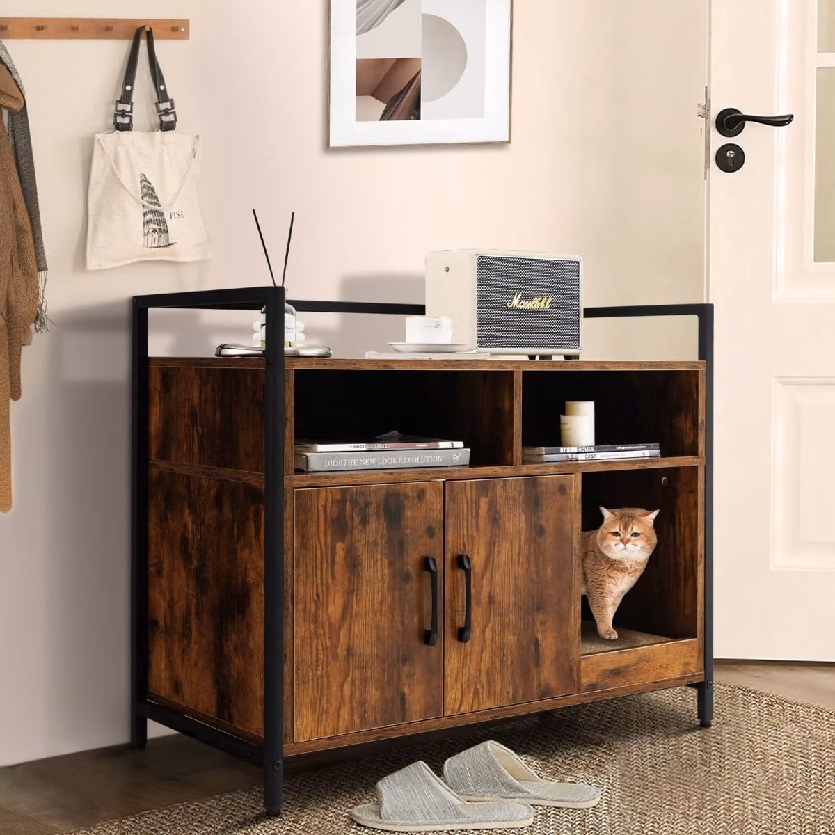 Contenitore per lettiera e toilette nascosta per gatti Costway con doppie porte e graffiato in sisal sostituibile, Marrone