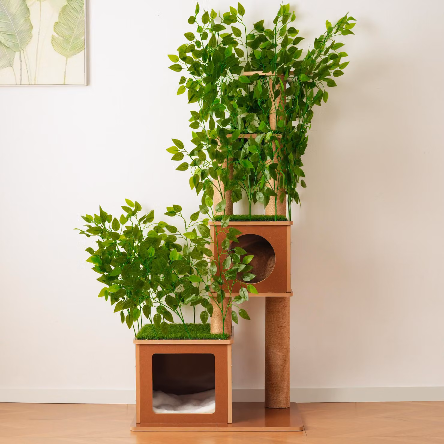 Albero per gatti Flieks, altezza 175 cm, con rifugi e cuscini, grattatore per gatti con pali in sisal e foglie artificiali rimovibili, colore verde
