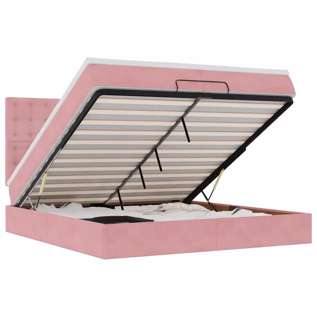 Letto con contenitore a sollevamento vidaXL in velluto rosa e bianco L/P/H: 203 x 200 x 280 cm – 2