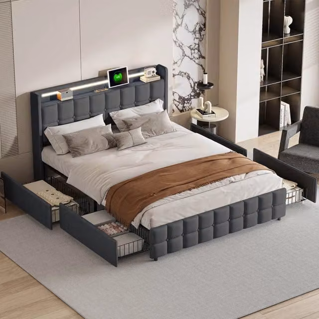 Letto imbottito 160x200 con Contenitore,letto matrimoniale con USB e LED,con 4 cassetti,struttura letto con rete a doghe,Lino grigio