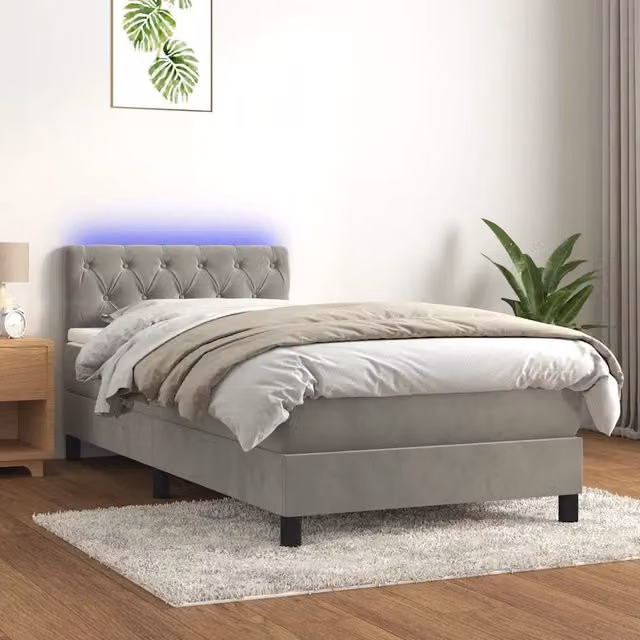 Letto con Materasso Ibrido vidaXL in Velluto Grigio con Illuminazione LED e Porte USB L/P/H: 80 x 200 x 103 cm – 1