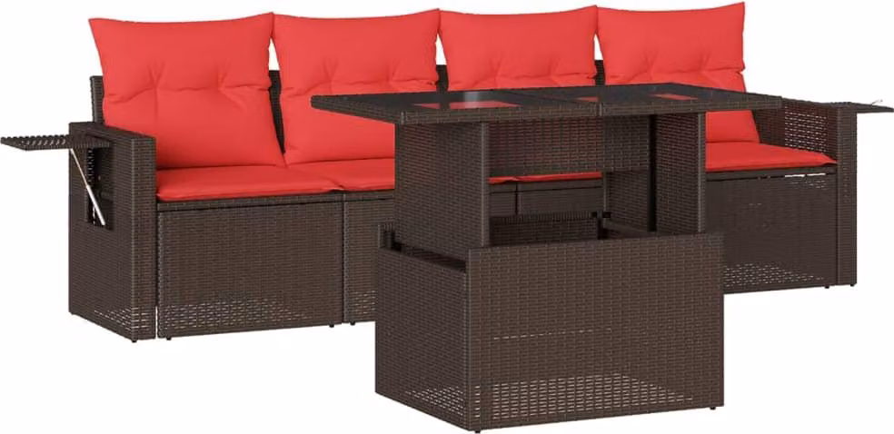 Set Divani da Giardino 5 pz con Cuscini Marrone in Polyrattan
