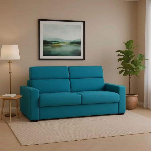 Divano 3 posti Ozegna DMORA Made in Italy, rivestimento in tessuto azzurro sfoderabile, L: 220 cm, P: 95 cm – 1