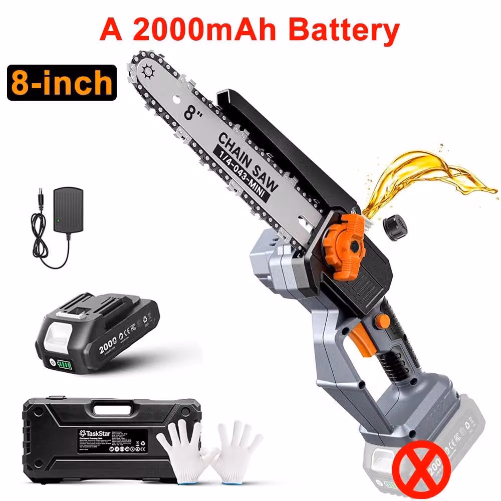 Troncatrice a batteria - Mini-troncatrice - 1000 W - Motore brushless - 20 V - 1 batteria da 2,0 Ah - Lubrificazione automatica della catena - Tensione della catena regolabile senza utensili