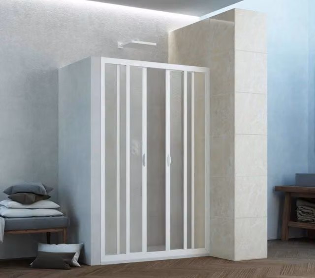 Box Porta Doccia Acrilico 2.2 MM 1 Lato Apertura Centrale Scorrevole Telaio PVC Bianco - Misura 140-150 x 185h