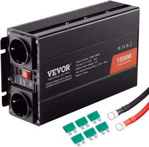 VEVOR Convertitore di Potenza a Onda Sinusoidale Modificata 1500W, da DC 12V a AC 230V, Nero, con 2 Prese AC, Porte USB e USB-C