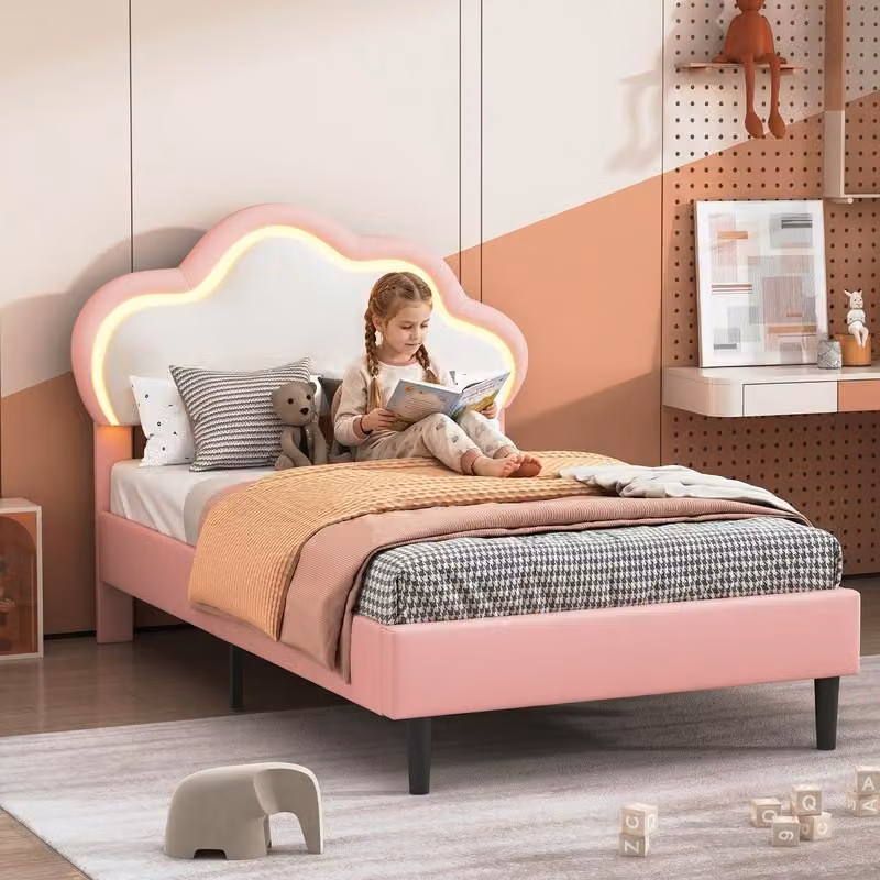 Letto singolo ProximaX 90x200 cm per bambini, in ecopelle rosa, letto imbottito con testiera a forma di nuvola, illuminazione LED RGB, letto per ragazzi