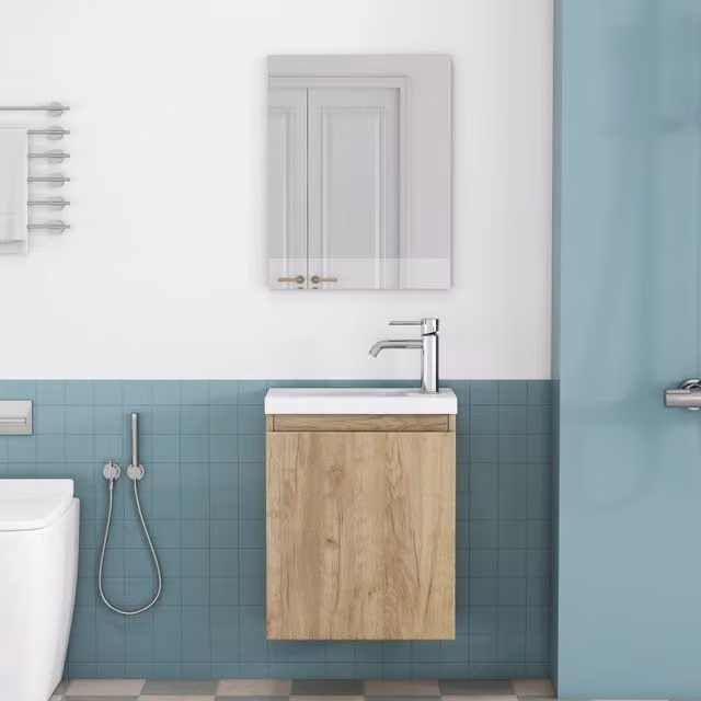 Mobile sottolavabo sospeso con lavabo in ceramica e specchio senza maniglie con cerniere ammortizzate in MDF rovere 40 cm