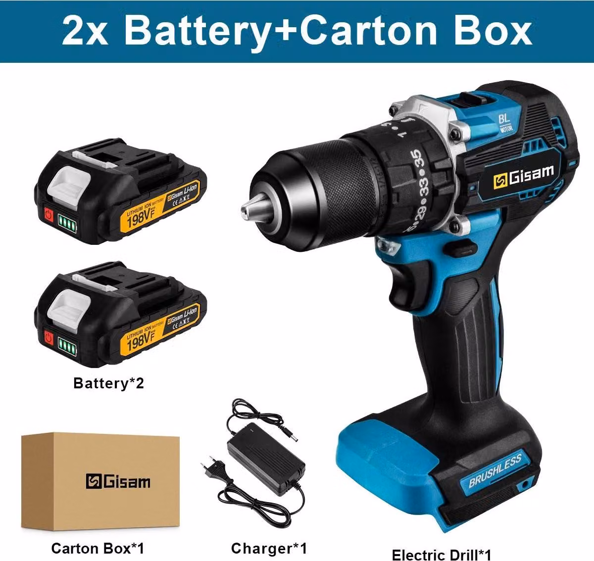 Trapano avvitatore a batteria - 18 V senza fili - Motore brushless - Coppia 65 Nm - 2 velocità - Portapunta da 13 mm - 2 batterie - Verde