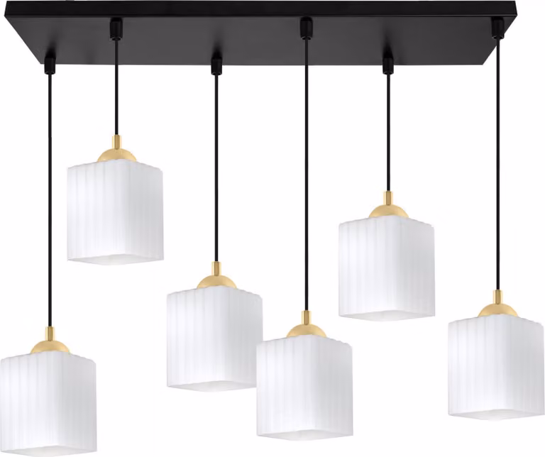 Lampada a sospensione Riffle nera e dorata a 6 luci con paralumi cubici bianchi E27 – elegante lampada a sospensione per interni moderni