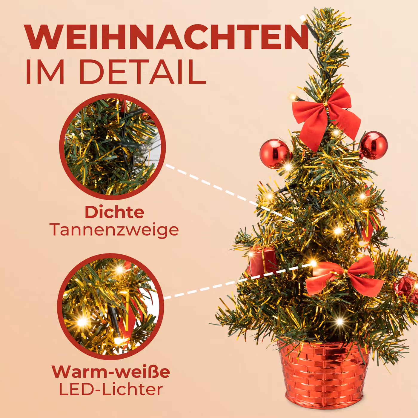 Albero di Natale da tavolo Casaria verde con decorazioni rosse e timer, Altezza: 36 cm – 2