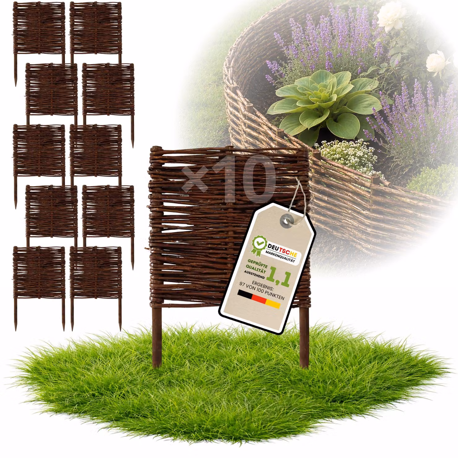 Floranica 10 pezzi Recinzione in vimini 40 cm x 30 cm – Staccionata da giardino intrecciata Palizzata Recinzione naturale Bordo aiuola