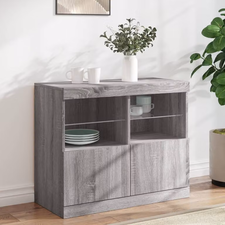 Credenza moderna vidaXL con luci LED in Grigio Sonoma, L 81 cm x P 37 cm x H 67 cm