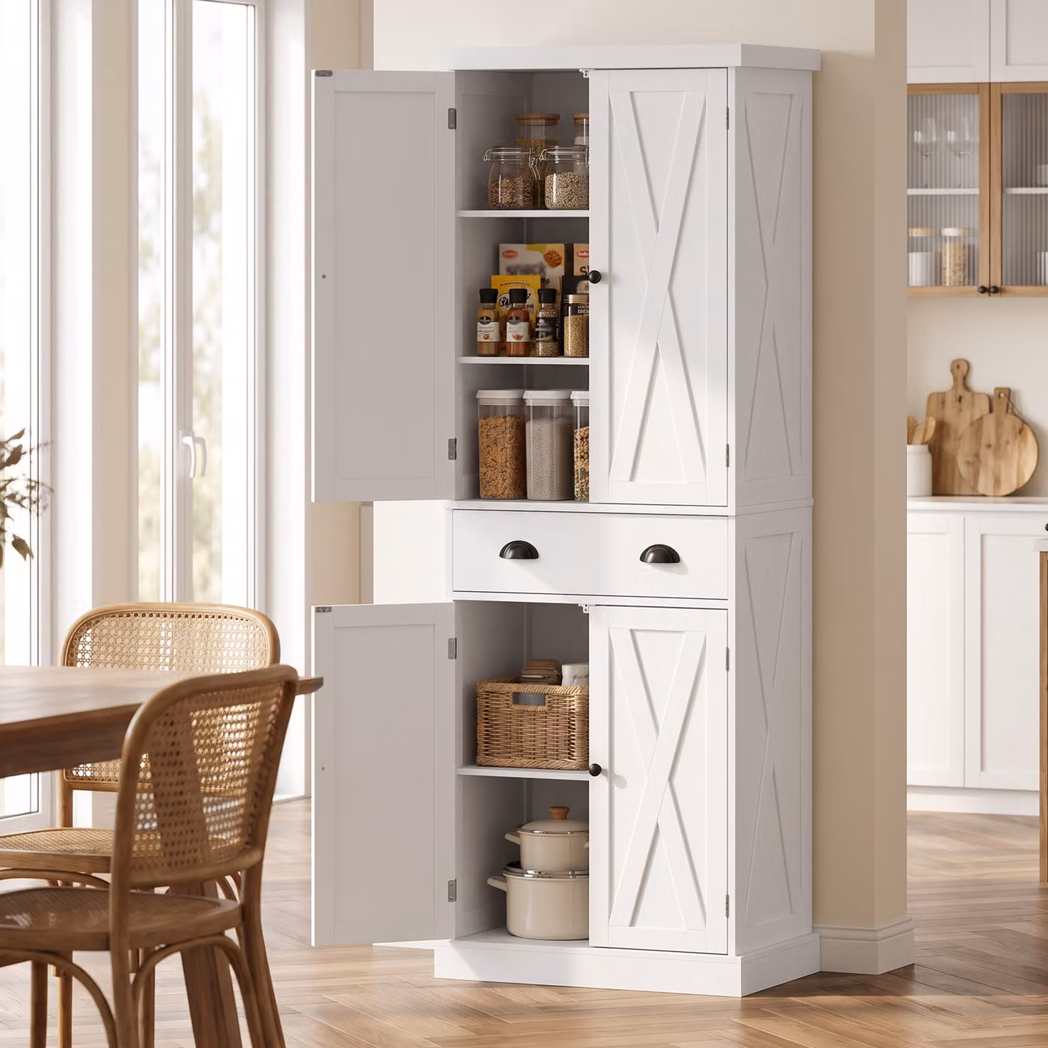 Credenza alta da cucina HOMCOM bianca con 4 ante, cassetto e ripiani, L/P/H: 62 x 38 x 173 cm – 2