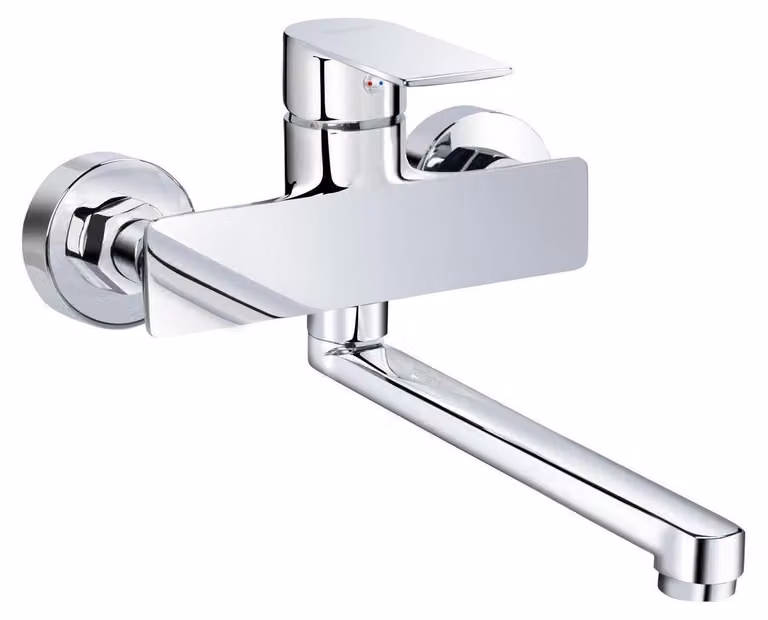 Miscelatore da cucina, montaggio a parete, girevole a 360°, monocomando, con braccio girevole da 25 cm, in ottone, con cartuccia in Vetroceramica, finitura cromata
