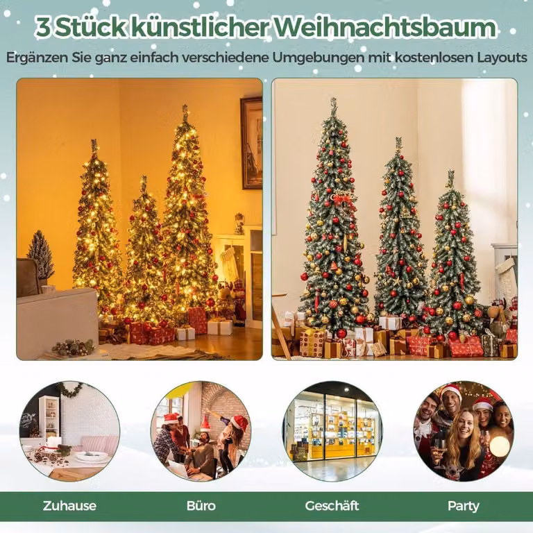 Set di 3 alberi di Natale a matita artificiale 120+150+180 cm Albero di Natale per casa e ufficio
