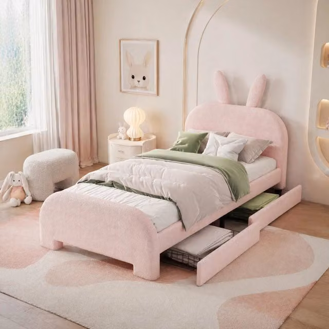 Letto 90x200 cm rosa – 2 cassetti e testiera coniglio, senza materasso