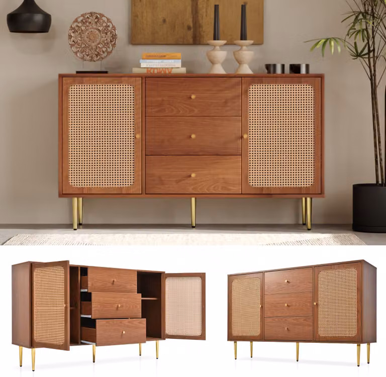 Cassettiera Sweiko a 2 ante e 3 cassetti, cassettiera in rattan con cassetto, ripiano regolabile, per soggiorno camera da letto, noce H90/B150/T40 cm