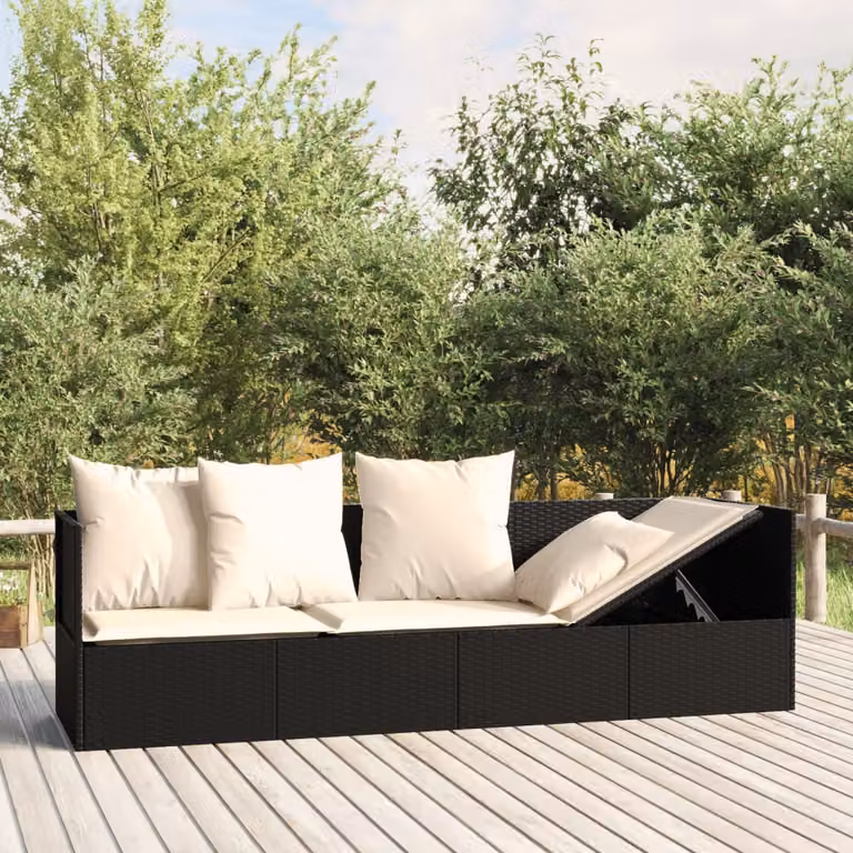 vidaXL Lettino Prendisole da Esterno in Polyrattan Nero con Cuscini in Tessuto