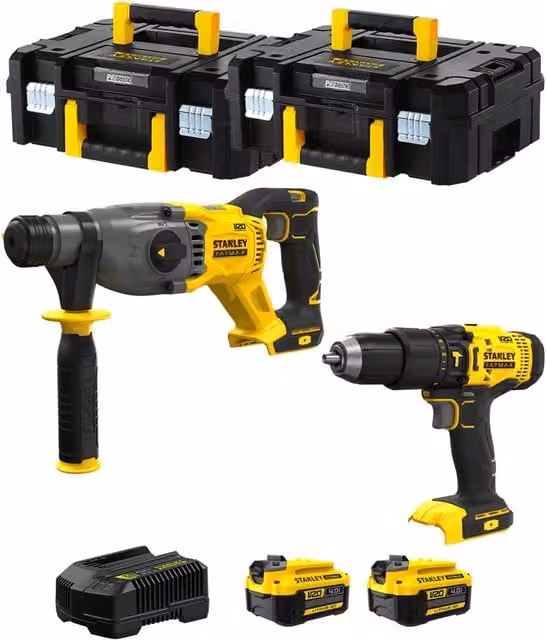 Kit Stanley FatMax SVK201 Giallo con Avvitatore SFMCH900, Trapano SFMCD711, 2 Batterie da 4,0 Ah, Caricabatteria e 2 Contenitori TSTAK II