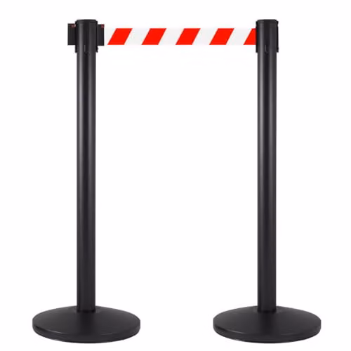 2 Colonnine Tendinastro 3 metri in Metallo Nero Opaco Ø36x101 cm Nastro Bianco/Rosso