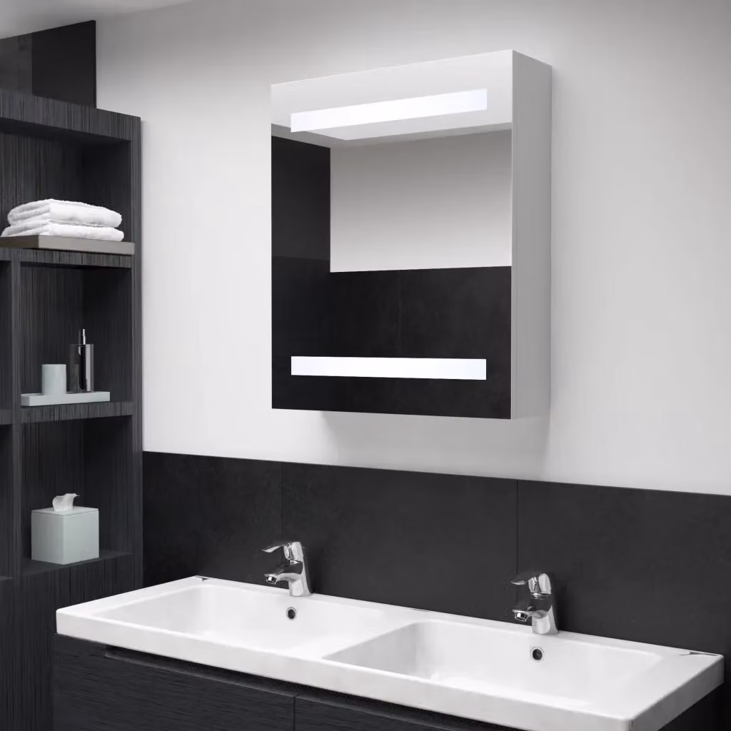 Armadietto da bagno moderno con specchio, illuminazione LED e ante in vetro, L/P/H: 50 x 13,5 x 60 cm, bianco e argento – 2