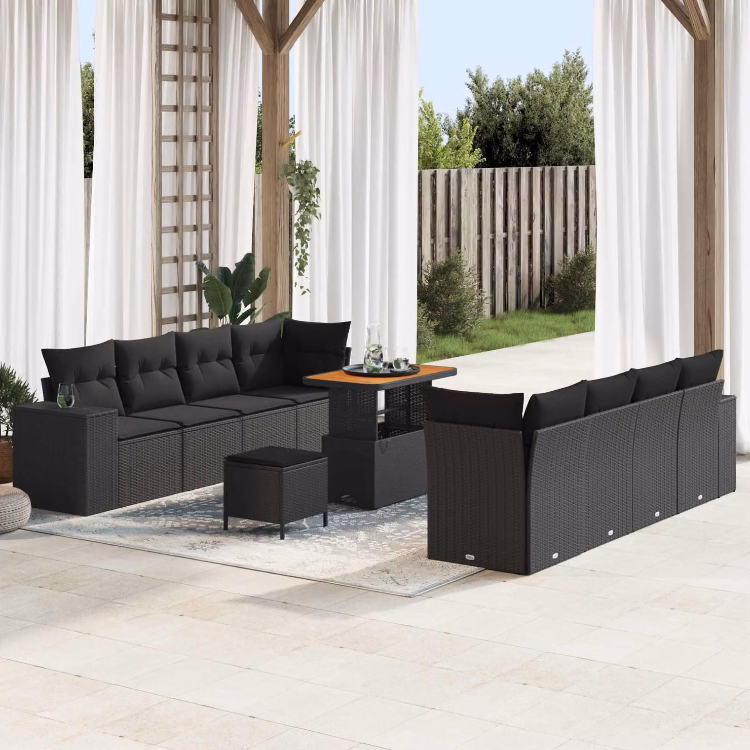 Set Divano da Giardino Moderno vidaXL in Polyrattan Nero con Cuscini e Tavolino da Esterno – 1